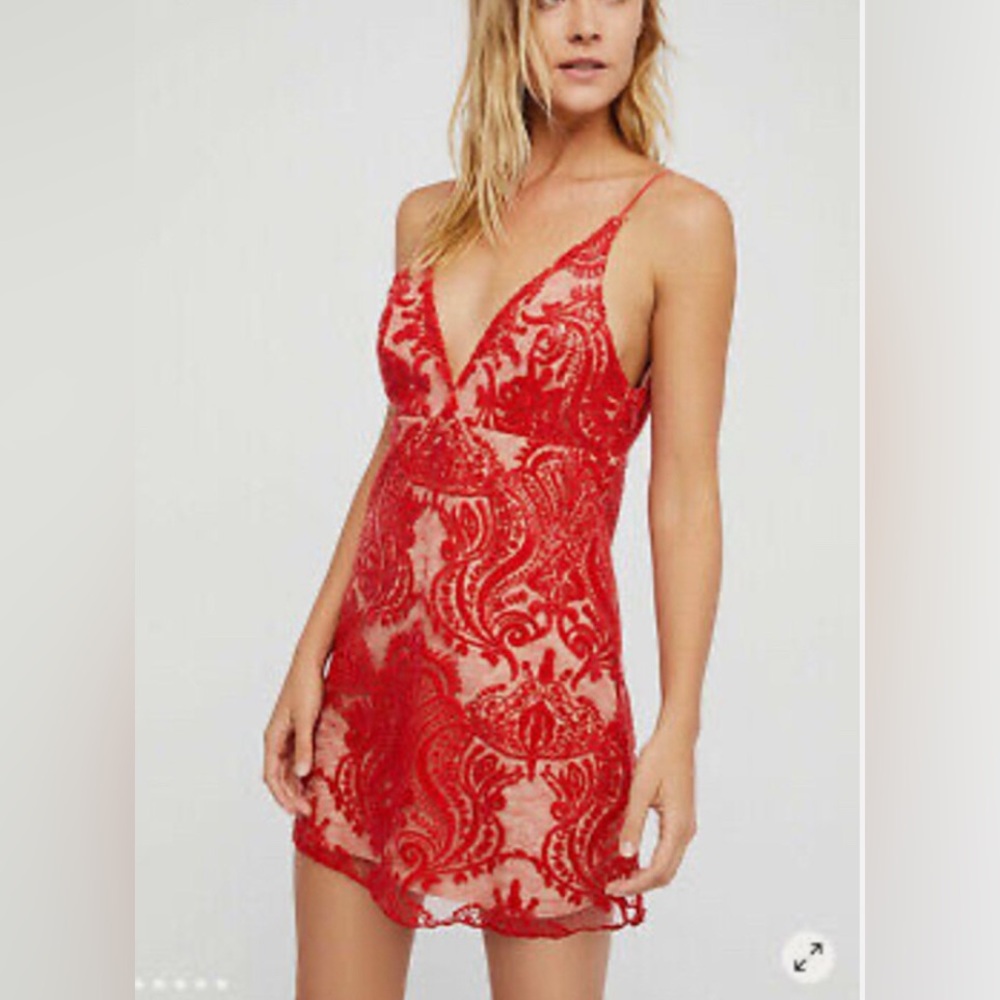 Free People Elegant Red Lace & Sequin Dress